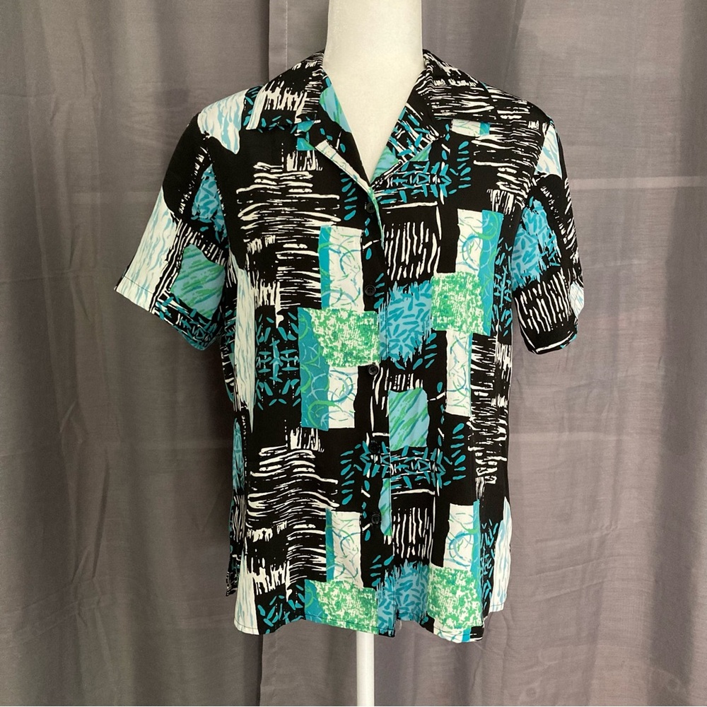 Vintage 90s Kim Rogers Signature Short Sleeve Artsy Pattern Button Front Blouse